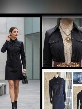 TOM FORD GUCCI‎ LONG SLEEVE MILITARY LEATHER DETAIL COLLARED DRESS